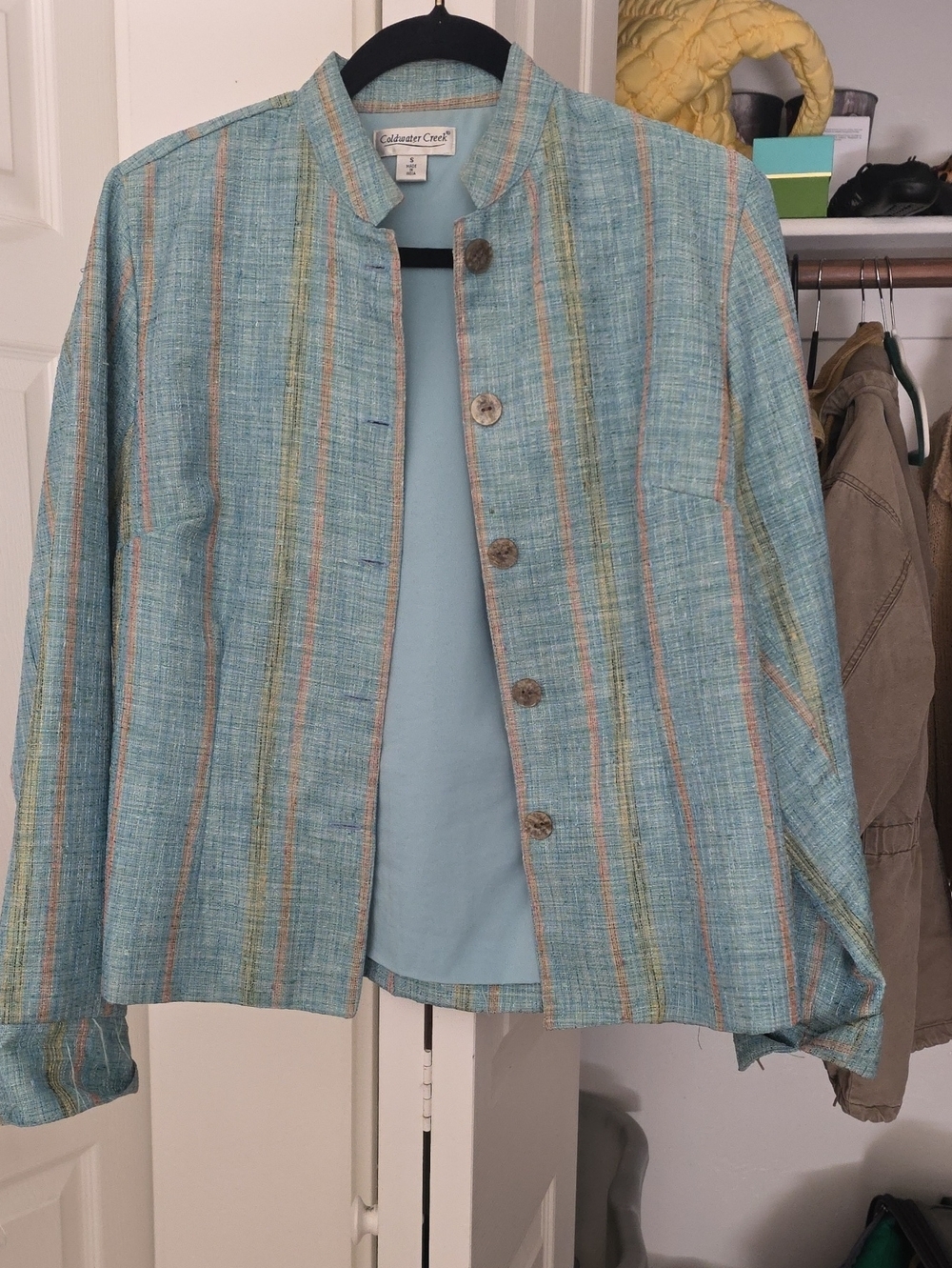 Coldwater Creek Aqua and Peach Striped Button Jacket